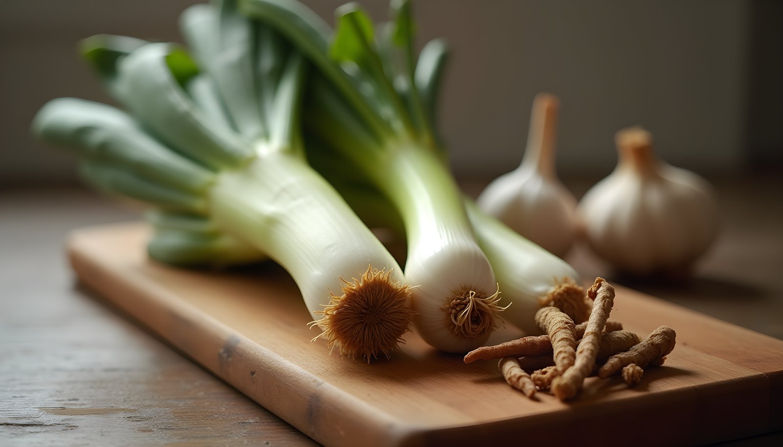 Prebiotic vegetables for gut bacteria shown with trimmed leeks, whole garlic bulbs and thin salsify roots on a wooden board