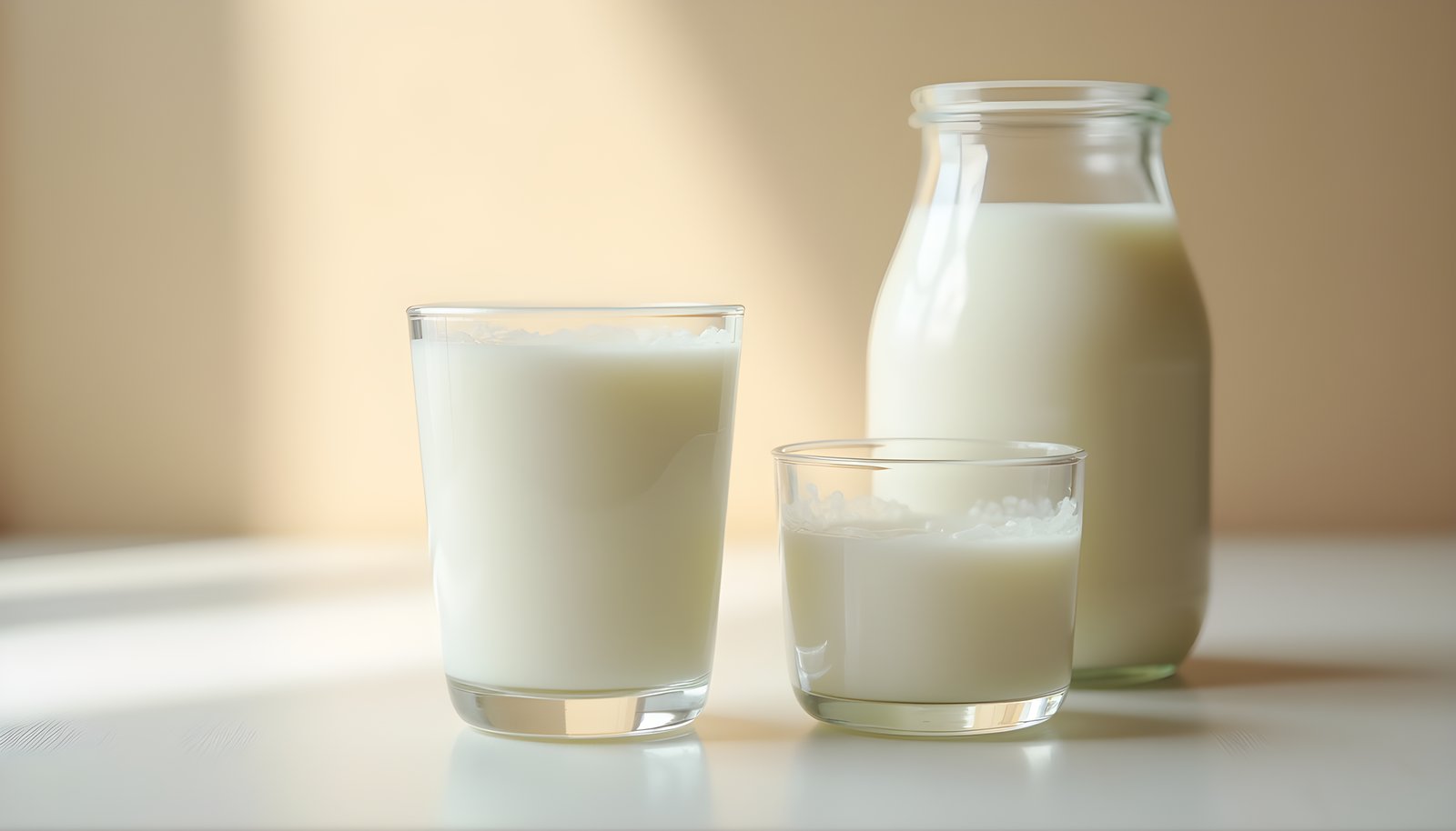 Whole milk vs skim milk fiber shown with two glasses of milk side by side in front of a glass jug of fresh milk